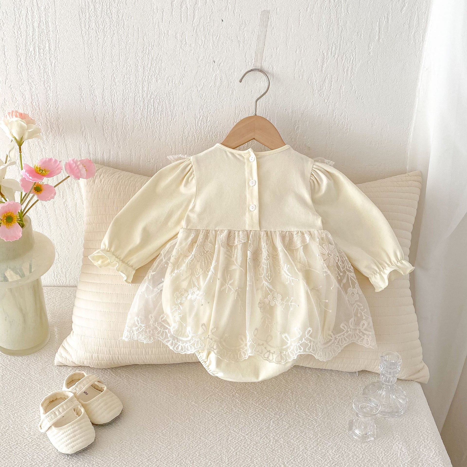 Spring New Arrival Baby Girls Cute Floral Embroidered Tulle Long Sleeves Onesies-2