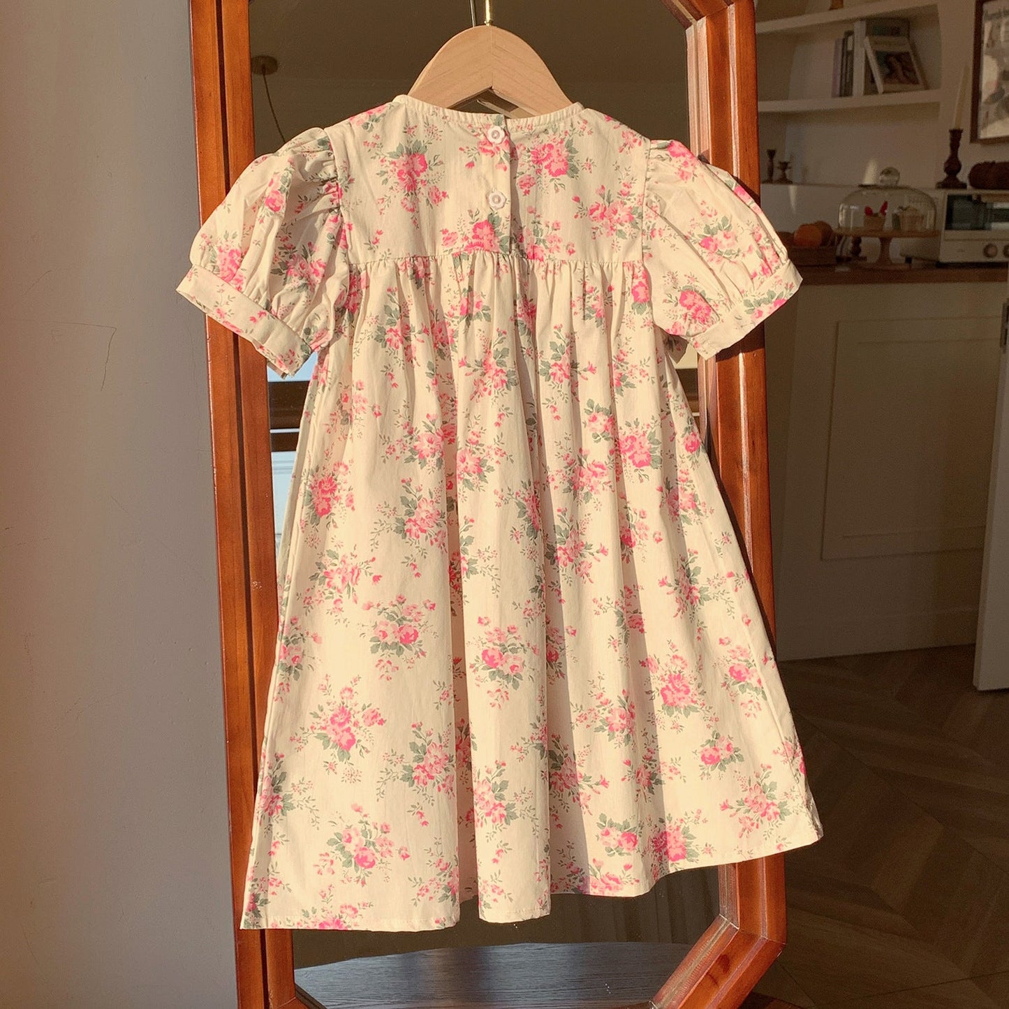 Summer Baby Kids Girls French Short Sleeves Floral Pattern Printed Dress-1
