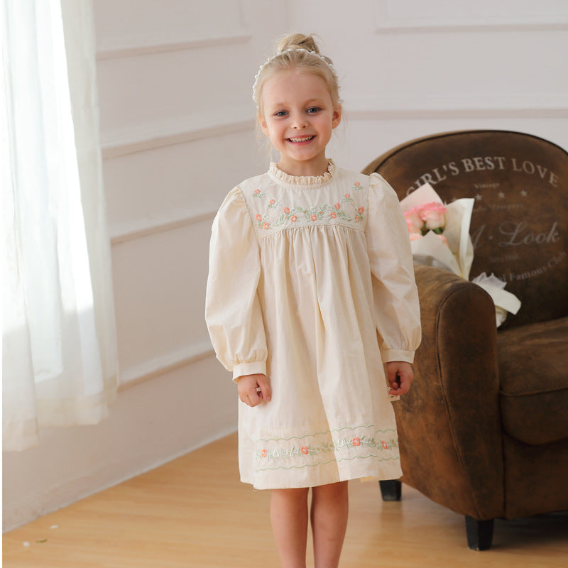 Arrival Autumn Girls Ruffle Neck Long Sleeves Flowers Embroidery Dress-2