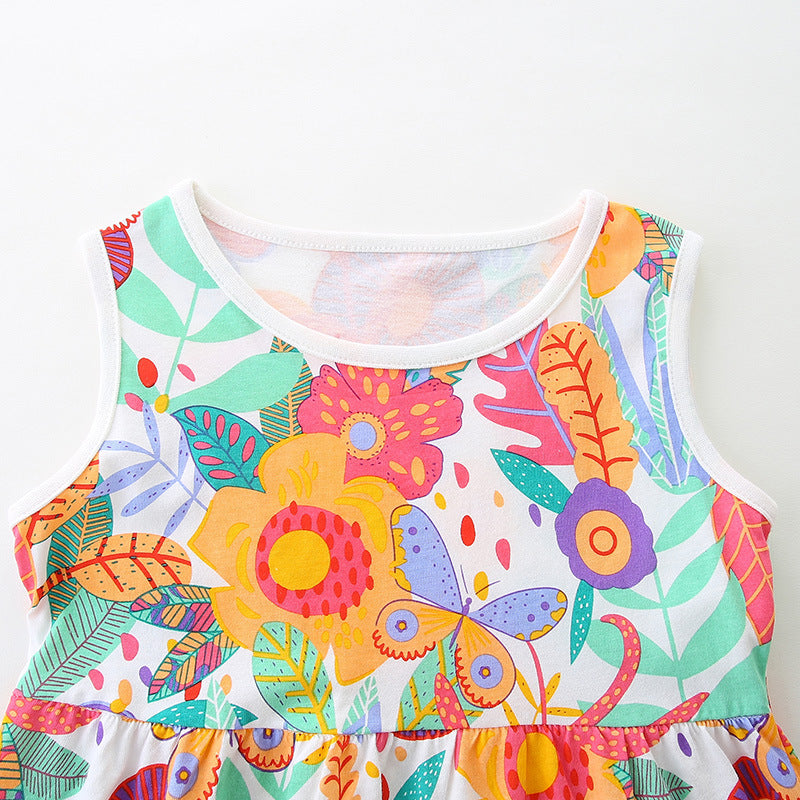 Summer Pure Cotton Cartoon Jungle Floral Pattern Sleeveless Dress for Stylish Girls-2