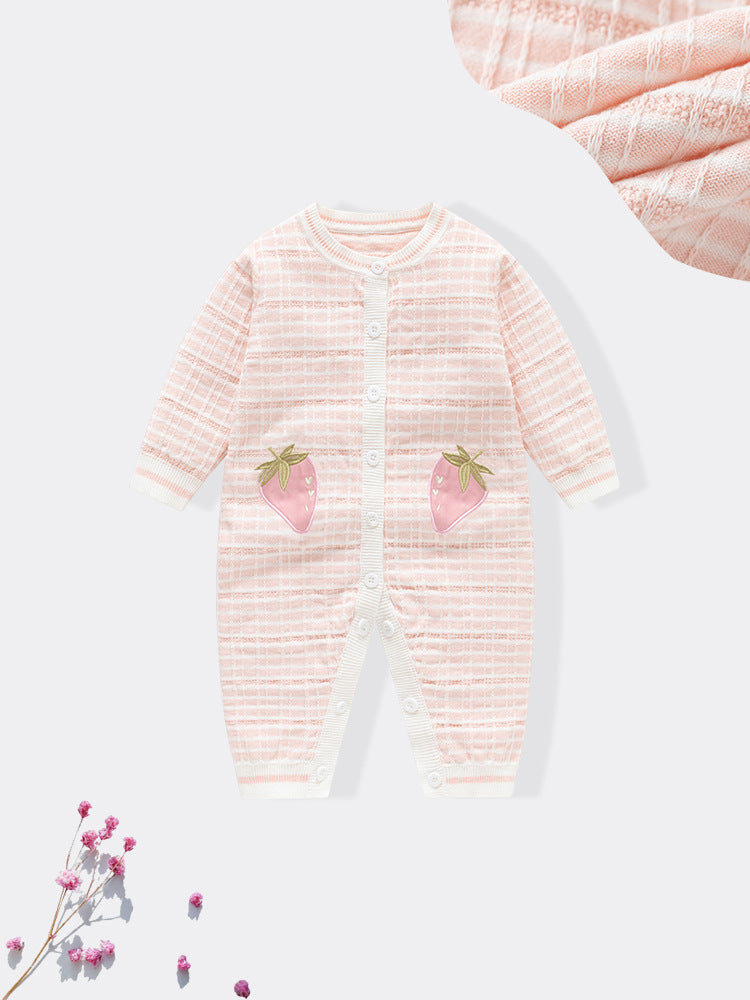 Autumn and Winter Arrival Baby Girls Knitted Strawberry Pattern Rompers-1