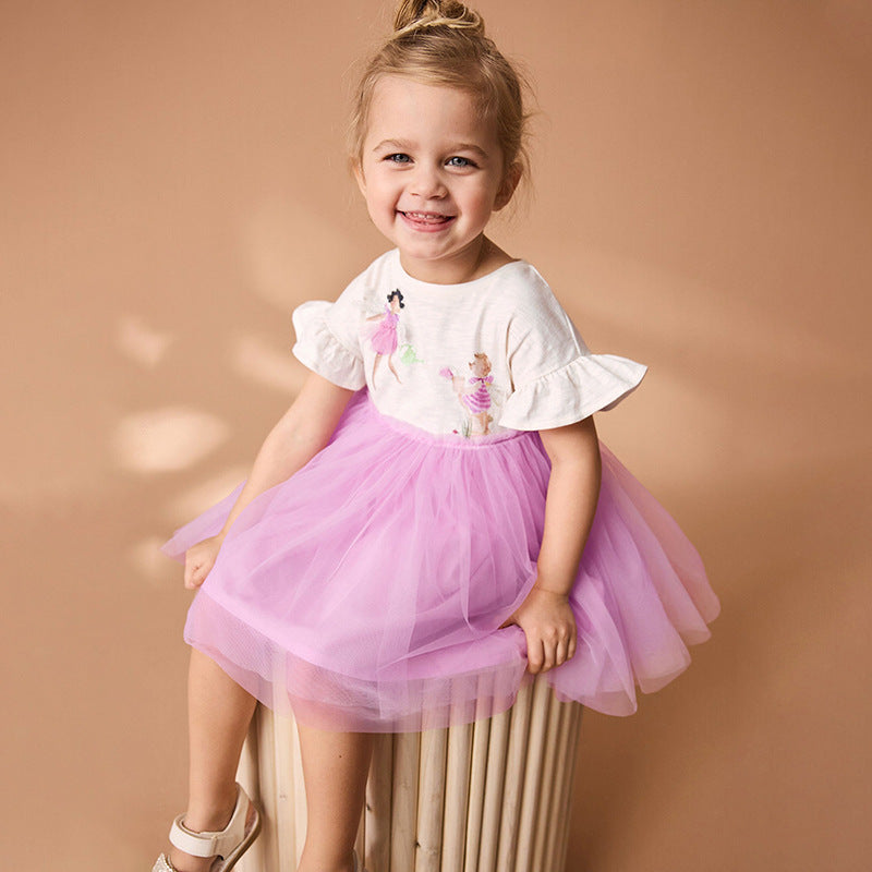 Summer Pure Cotton Cartoon Dancers Pattern Short Sleeves Tulle Patchwork Dress for Stylish Girls-2