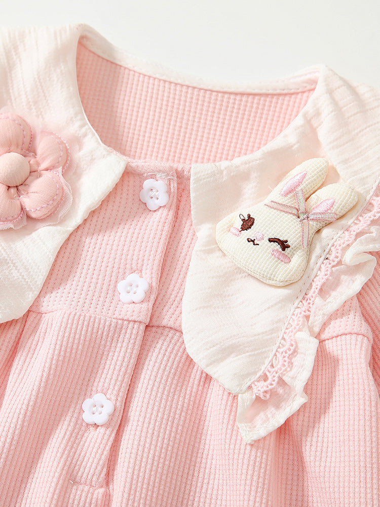 Spring Arrival Baby Girls Flowers and Rabbits Pattern Pink Onesies Bodysuits-3