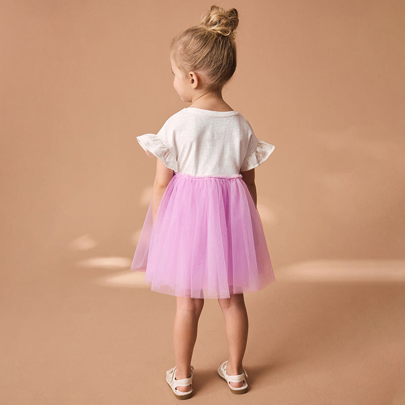 Summer Pure Cotton Cartoon Dancers Pattern Short Sleeves Tulle Patchwork Dress for Stylish Girls-1