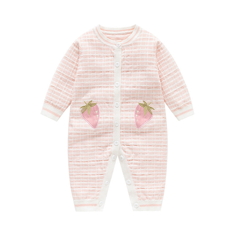 Autumn and Winter Arrival Baby Girls Knitted Strawberry Pattern Rompers-0