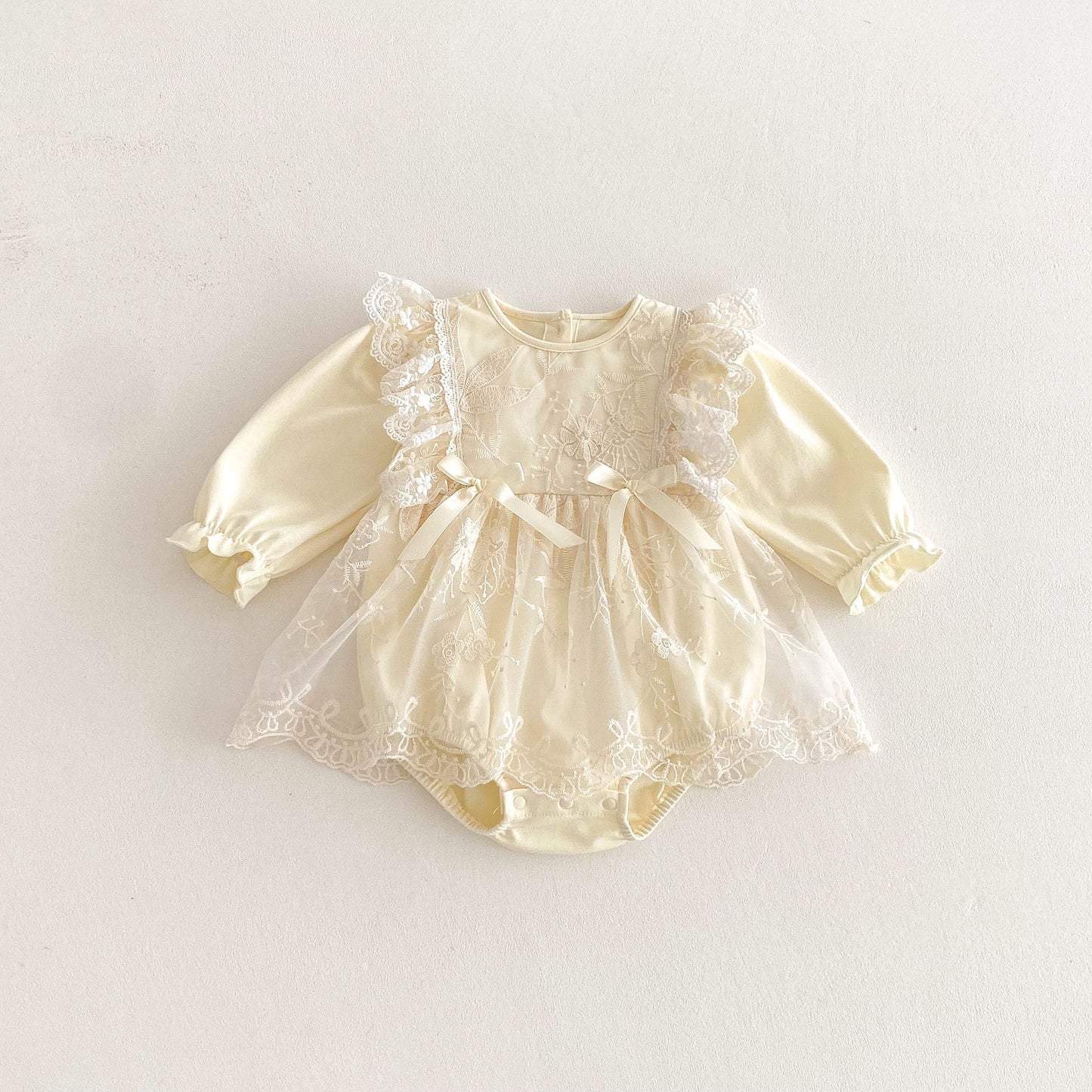 Spring New Arrival Baby Girls Cute Floral Embroidered Tulle Long Sleeves Onesies-0