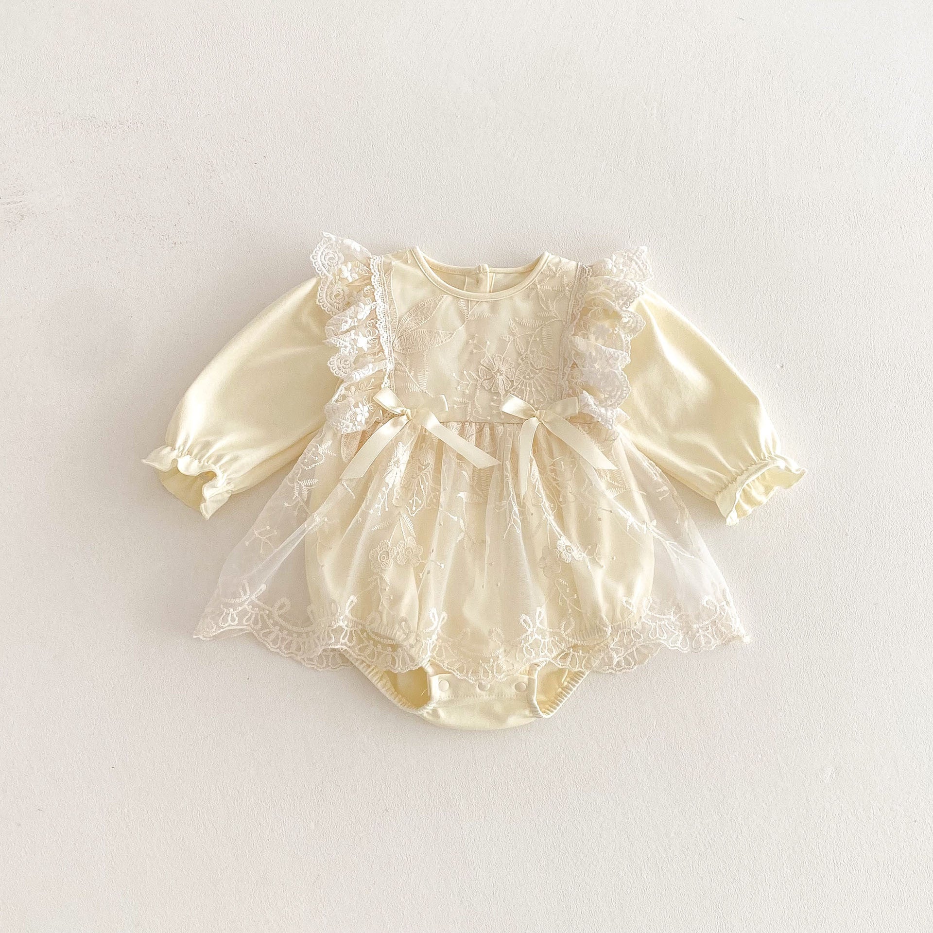 Spring New Arrival Baby Girls Cute Floral Embroidered Tulle Long Sleeves Onesies-0