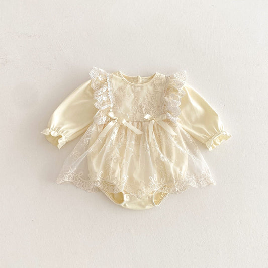 Spring New Arrival Baby Girls Cute Floral Embroidered Tulle Long Sleeves Onesies-0