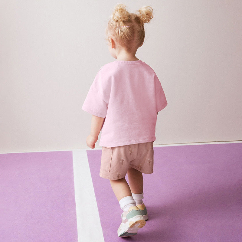 Summer Baby Kids Animals Cartoon Pattern T-shirt and Floral Shorts Clothing Set for Girls-1