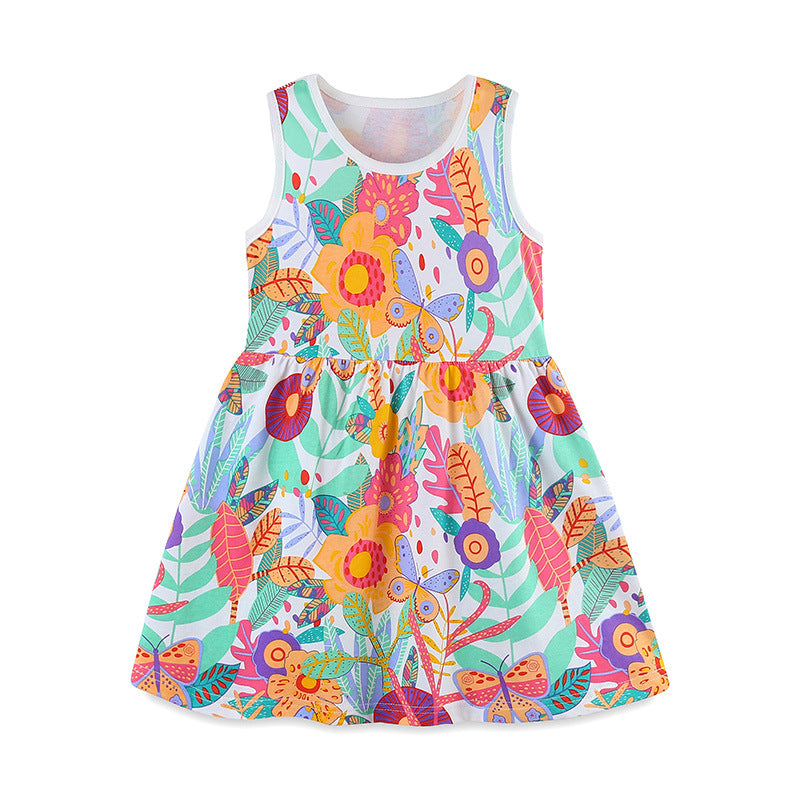 Summer Pure Cotton Cartoon Jungle Floral Pattern Sleeveless Dress for Stylish Girls-4
