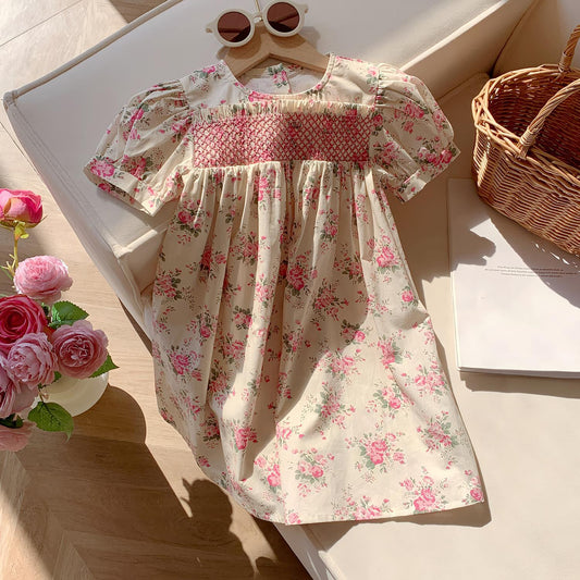 Summer Baby Kids Girls French Short Sleeves Floral Pattern Printed Dress-0