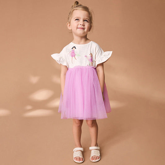 Summer Pure Cotton Cartoon Dancers Pattern Short Sleeves Tulle Patchwork Dress for Stylish Girls-0