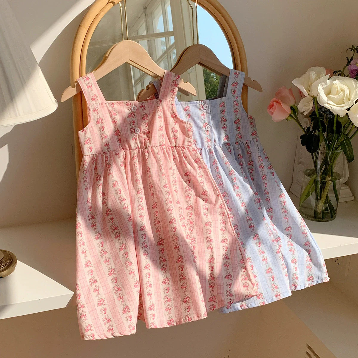 Summer Baby Kids Girls Sleeveless Flowers Pattern Printed Striped Dress-0