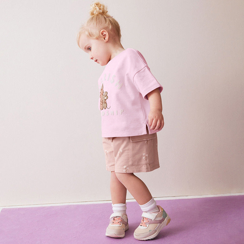 Summer Baby Kids Animals Cartoon Pattern T-shirt and Floral Shorts Clothing Set for Girls-0