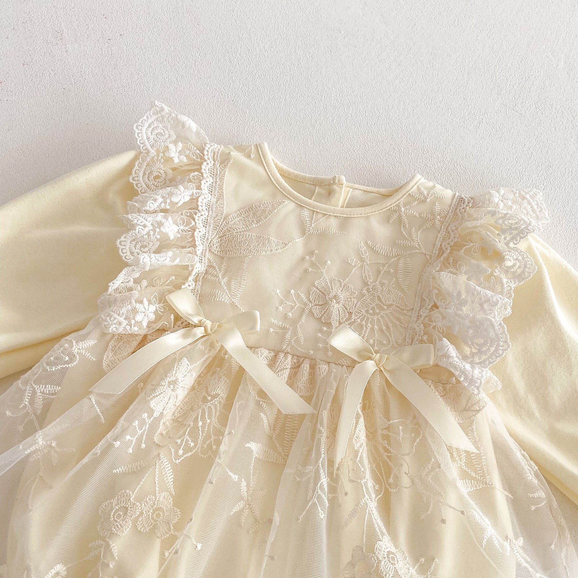 Spring New Arrival Baby Girls Cute Floral Embroidered Tulle Long Sleeves Onesies-4